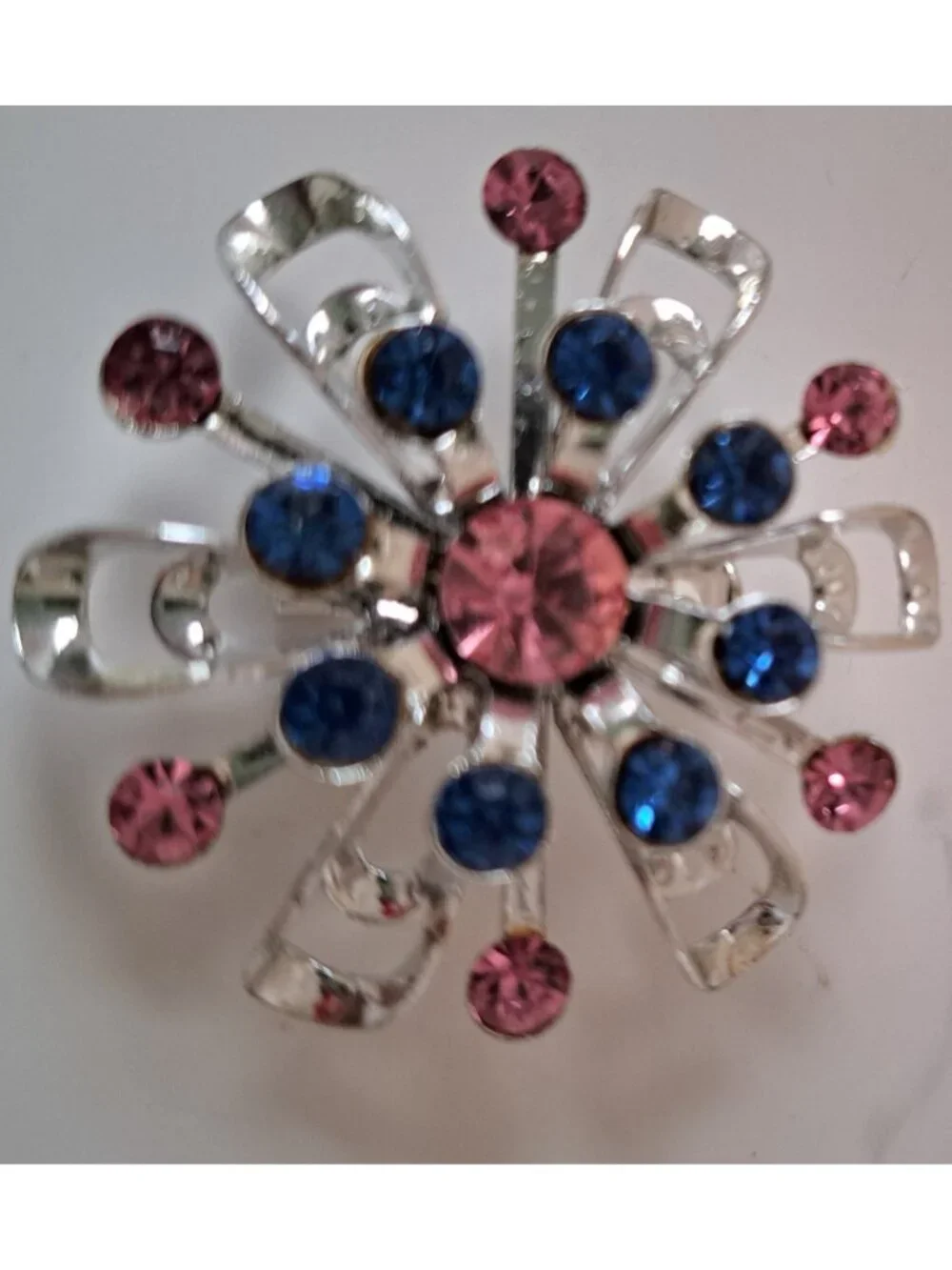 Vintage Ladies Pin Brooch Silver Tone Pink Blue Crystal Rhinestones